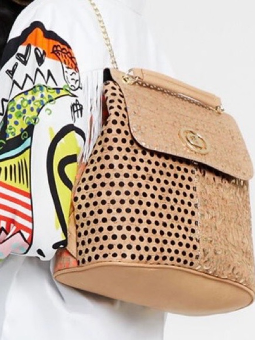 New Desigual Orange cork Patchwork Shoulder Bag with Gold Chain